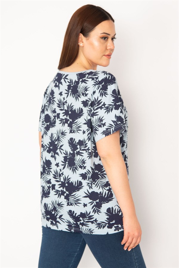 KADIN MAVİ PAMUKLU KUMAŞ NERVÜR DİKİŞLİ PATI DÜĞMELİ BLUZ