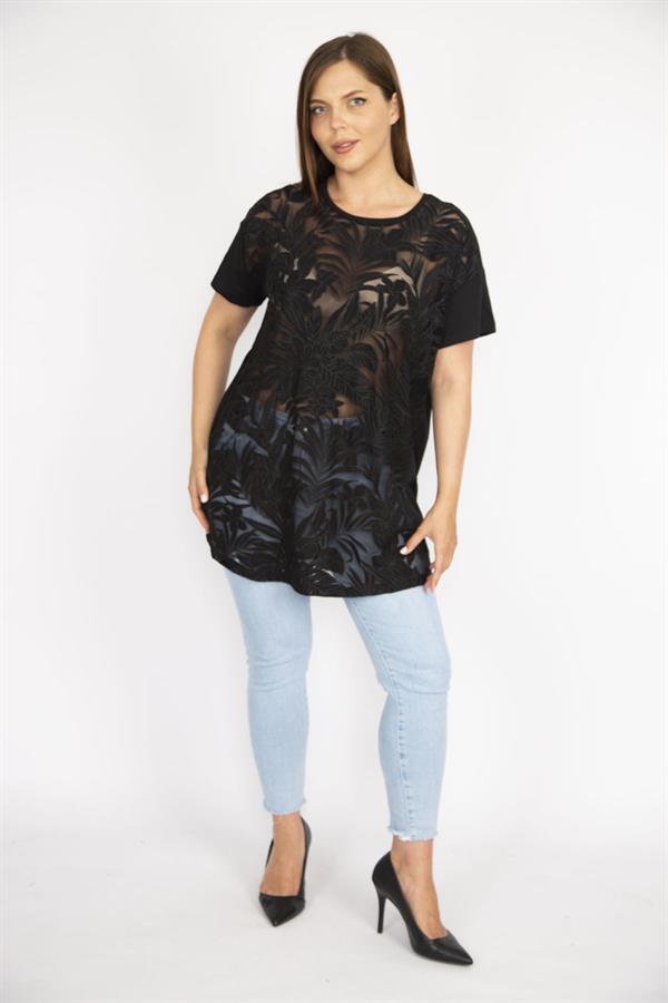 Kadın Beyaz Büyük Beden Önü Flok Bisiklet Yakalı Kısa Kollu Bluz