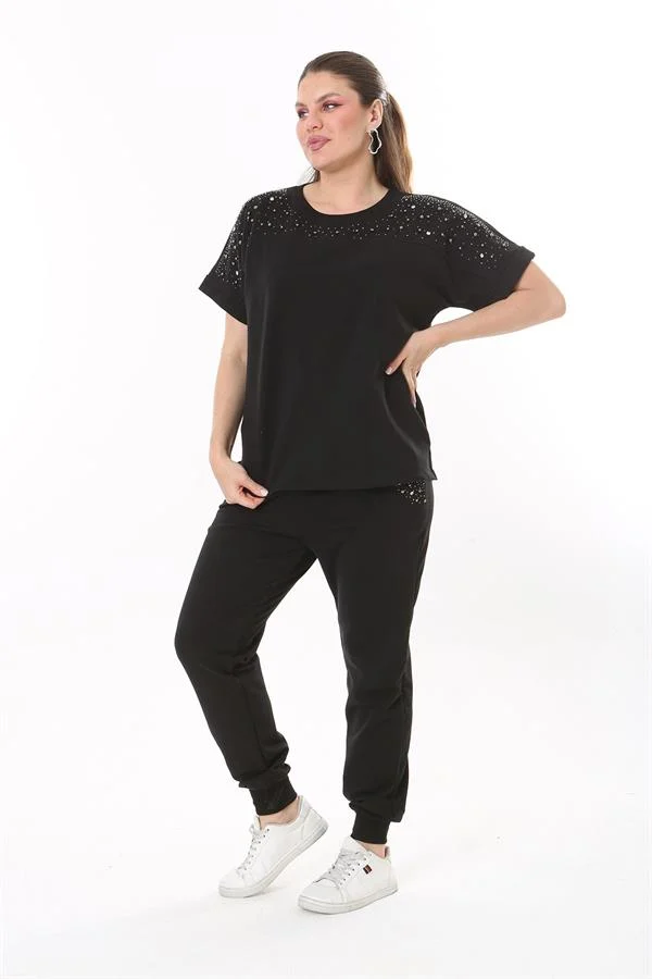 Kadın Büyük Beden Saks Taş Detaylı Kısa Kollu Sweatshirt Pantolon Takım 65N37702
