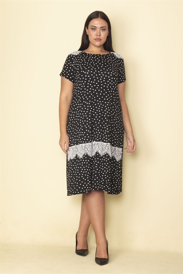 Kadın Siyah Puan Desenli Dantel Detaylı Dokuma Viskon Kumaş Elbise 65N28850