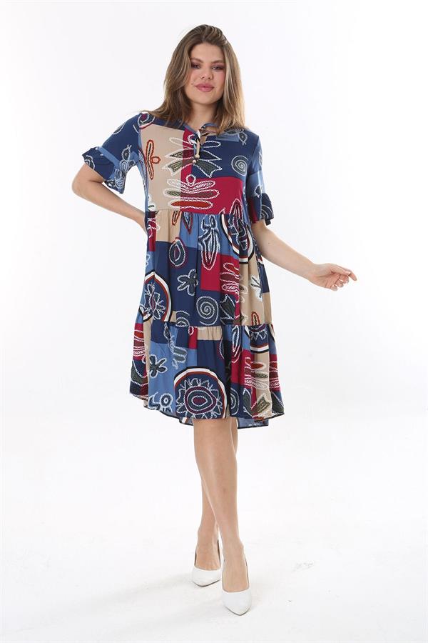 Kadın Büyük Beden Mavi Dokuma Viskon Kumaş Kısa Kollu Katlı Elbise 65N37762