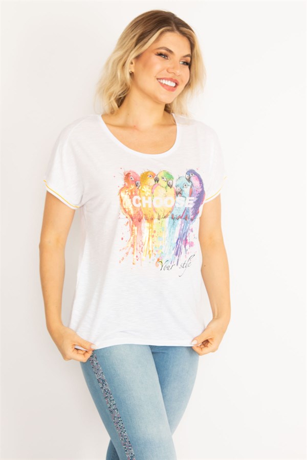 Kadın Beyaz Ön Baskılı Kolları Ribanalı Bluz 65N34715