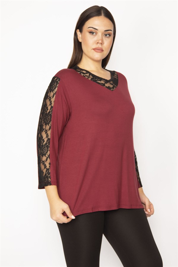 Kadın Mürdüm Dantel Detaylı Bluz 65N29505