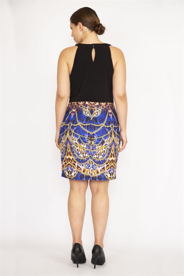 KADIN SİYAH HALTER YAKA SÜS DÜĞMELİ ETEĞİ DESENLİ ELBİSE