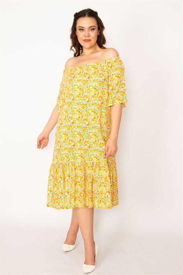 Kadın Fujya Yaka Lastikli Etek Ucu Büzgülü Dokuma Viskon Kumaş Elbise 65N33250