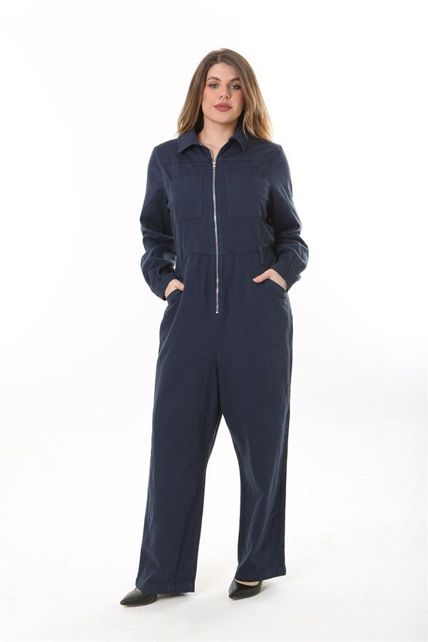 Kadın Büyük Beden Lacivert Ön Fermuarlı 4 Cepli Arka Bel Kemeri Lastikli Kot Tulum 65N37573