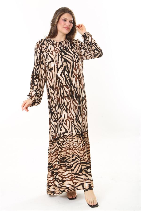 Kadın Kahve Dokuma Viskon Kumaş Eteği Katlı Uzun Kollu Elbise 65N37867