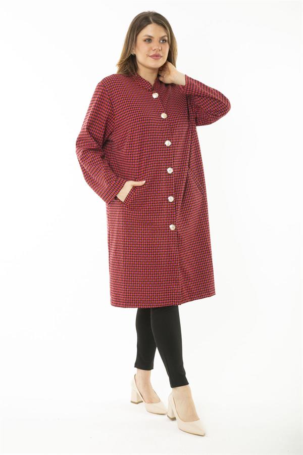 Women's Plus Size Red Piyedepul Pattern Metal Button Unlined Cape 65N37109