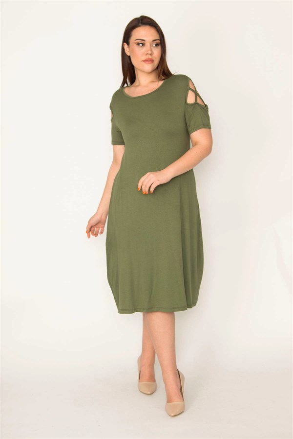 KADIN HAKİ OMUZ DEKOLTELİ VİSKON ELBİSE