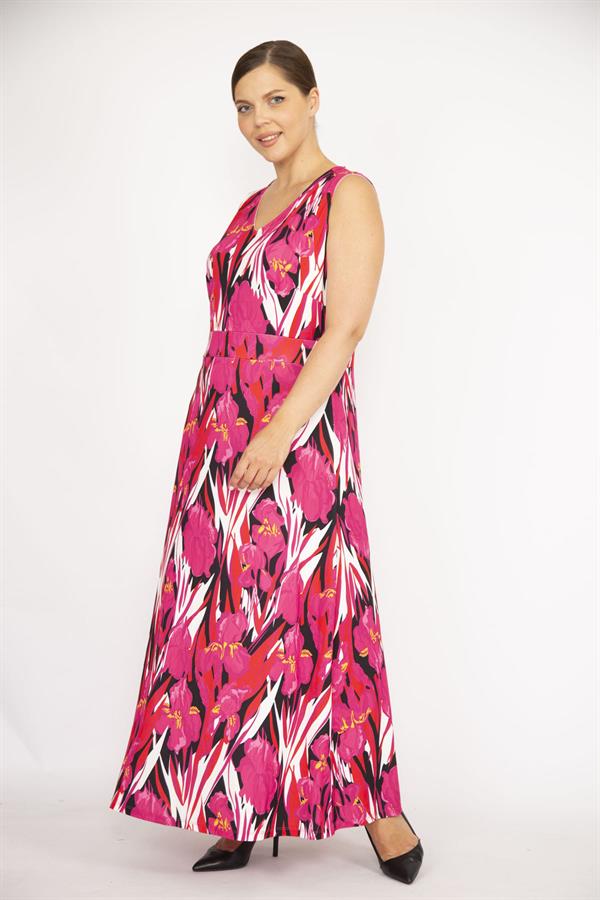 Kadın Büyük Beden Fujya V Yakalı Kolsuz Uzun Elbise