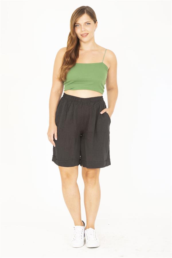 Kadın Büyük Beden Antrasit Dokuma Viskon Kumaş Beli Lastikli Şort 65N36801