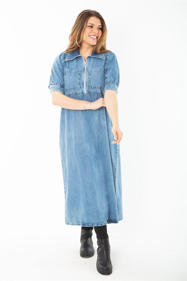 Kadın Büyük Beden Mavi Ön Pat Fermuarlı Kot Elbise 65N37377