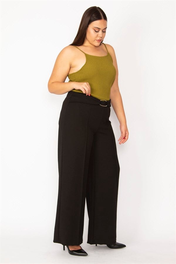 Kadın Siyah Geniş Paçalı Beli Toka Detaylı Klasik Pantolon 65N28520
