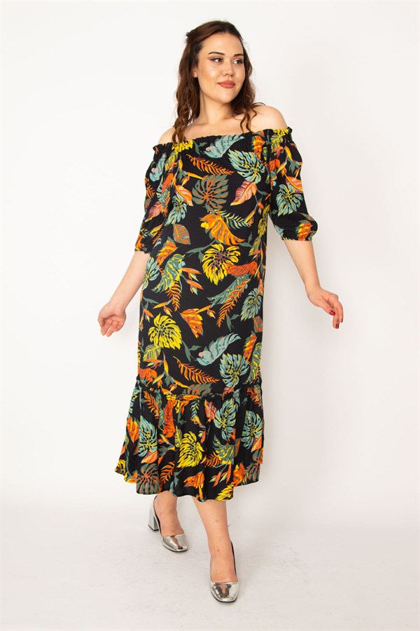 Kadın Renkli Yaka Lastikli Etek Ucu Katlı Dokuma Viskon Kumaş Elbise 65N33188