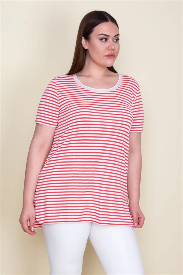 Kadın Kırmızı Yakası Tül Detaylı Simli Çizgili Bluz 65N25649