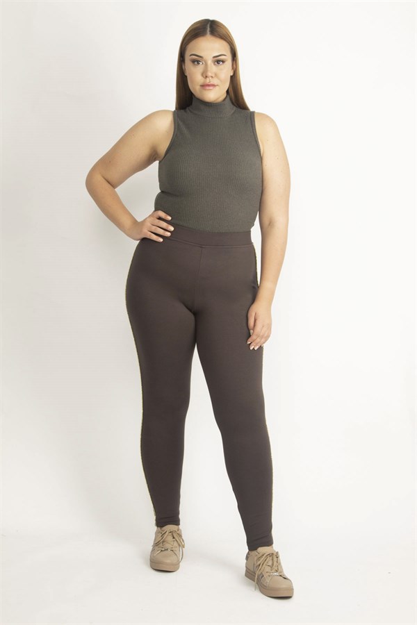 Kadın Kahve Yanları Sim Detaylı Tayt Pantolon 65N20135