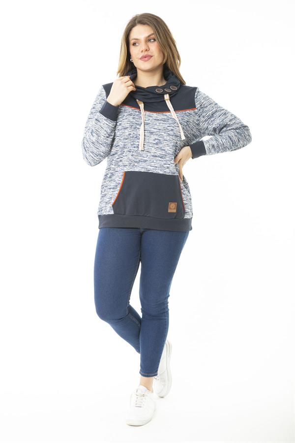 Kadın Büyük Beden Kuşgözü Bağcık Ve Süs Düğme Detaylı Kanguru Cepli Dik Yaka Sweatshirt 65N37122