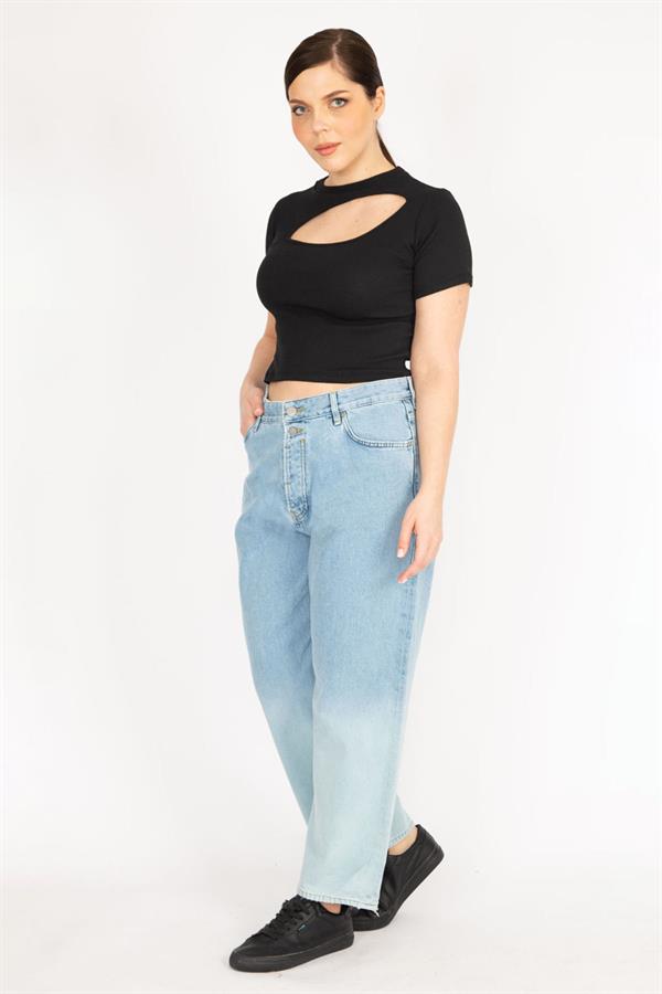 Kadın Mavi Büyük Beden Yıkama Efektli Ön Düğmeli 5 Cepli Kot Pantolon