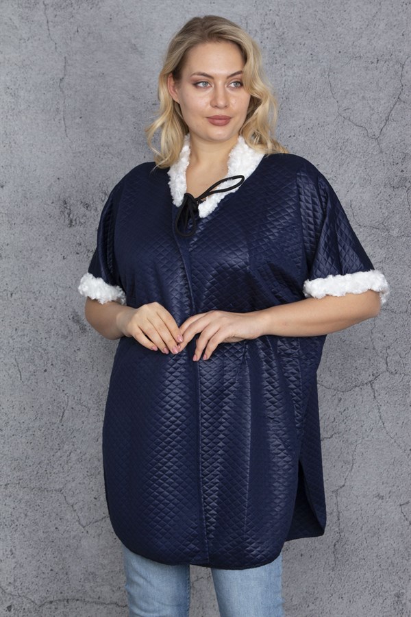 Manteau matelassé bleu marine pour femme, orné de détails en fausse fourrure, référence 65N35430