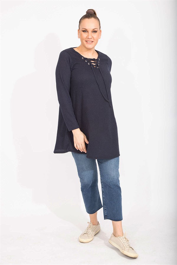 Kadın Antrasit Rahat Kesim Kaşkorse Kumaş Yakası Kuşgözü Bağcık Detaylı Uzun Tunik 65N35499