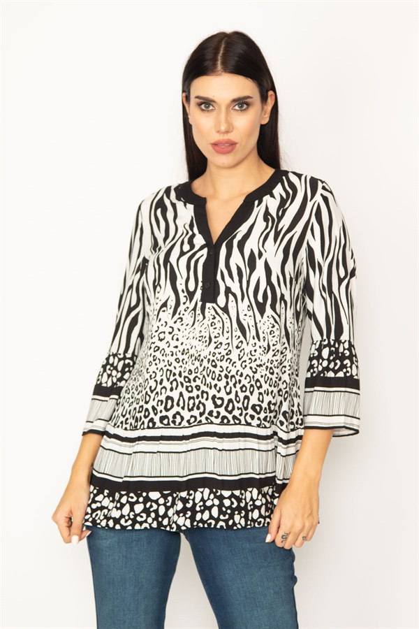 KADIN SİYAH ÖN PAT DÜĞMELİ DESENLİ TUNİK