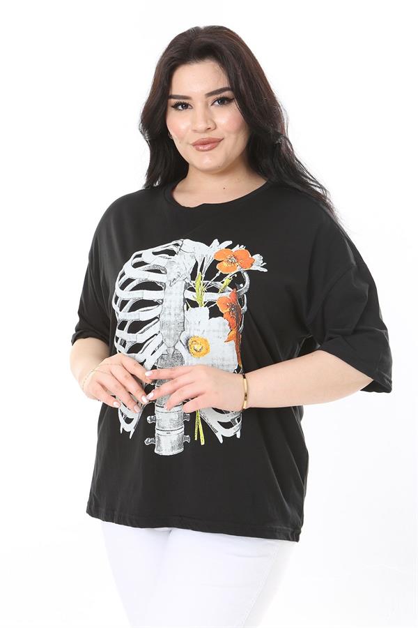 Kadın Büyük Beden Siyah Pamuk Kumaş Ön Baskılı Kısa Kollu Bluz 65N38009