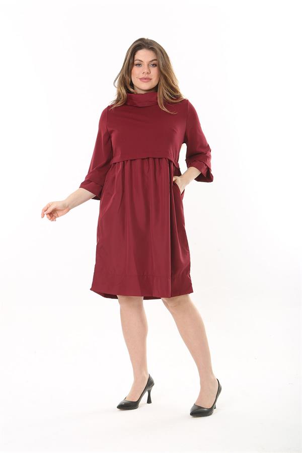 Kadın Büyük Beden Bordo Yaka Kol Ağzı Ve Etek Kısmı Tafta Kumaş Elbise 65N37545