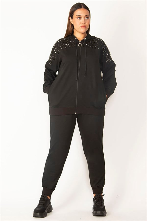 Ensemble sweat-shirt et pantalon à capuche avec fermeture éclair sur le devant et détails en pierre pour femme, noir