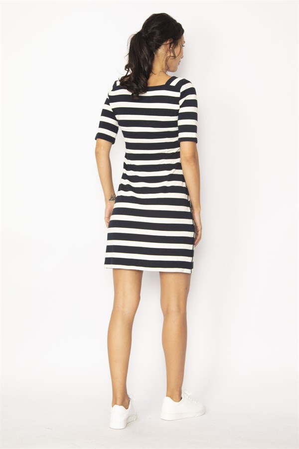 KADIN LACİVERT ÇİZGİ DETAYLI ELBİSE