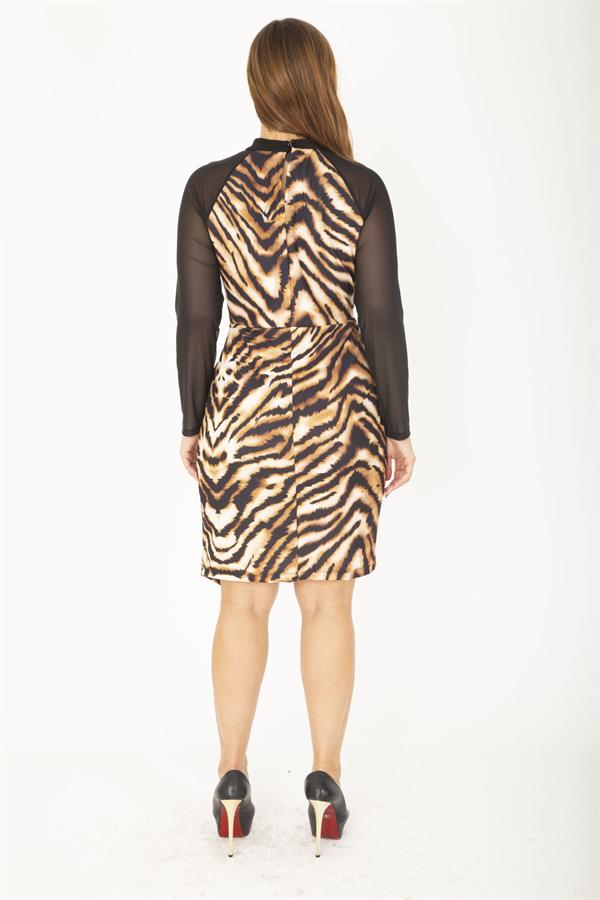 ROBE FEMME À MOTIF LÉOPARD AVEC MANCHES EN TULLE ET DRAPÉ À LA TAILLE