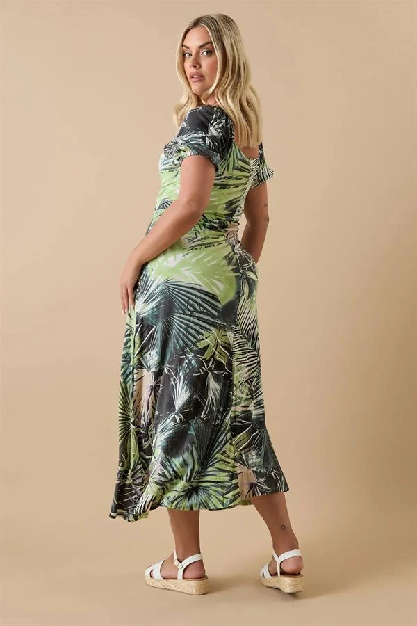Kadın Büyük Beden Yeşil, Anvelop Yaka, Kısakol, Çiçek Desenli Uzun Elbise 65N38999