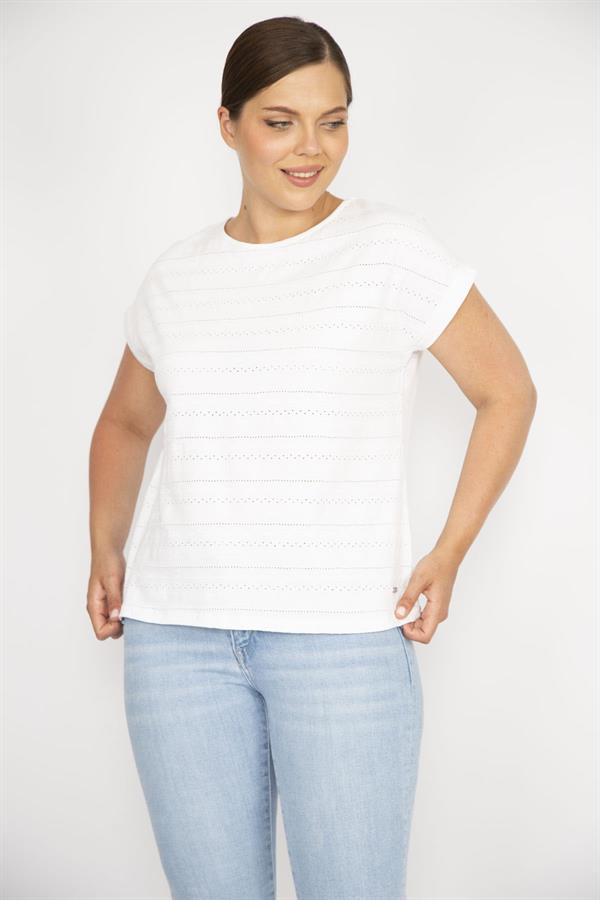 Kadın Pembe Büyük Beden Pamuk Kumaş Kendinden Desenli Düşük Kol Bluz