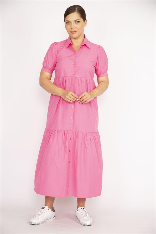 Kadın Büyük Beden Pembe Poplin Kumaş Ön Boy Düğmeli Elbise 65N36790
