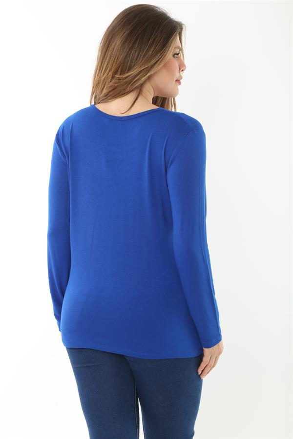 Kadın Büyük Beden Saks V Yakalı Taş Detaylı Uzun Kollu Bluz 65N37153