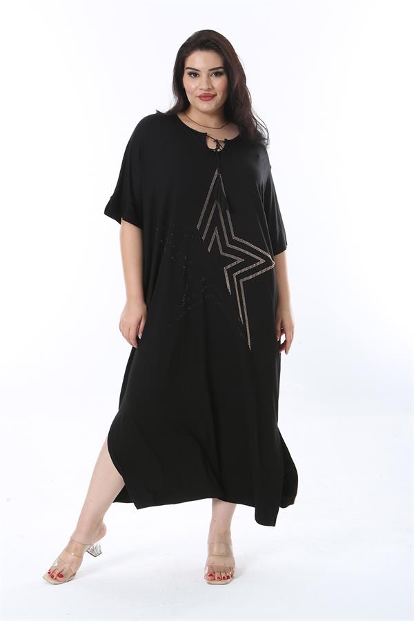 Kadın Büyük Beden Siyah Rahat Kesim Taş Detaylı Elbise 65N38202