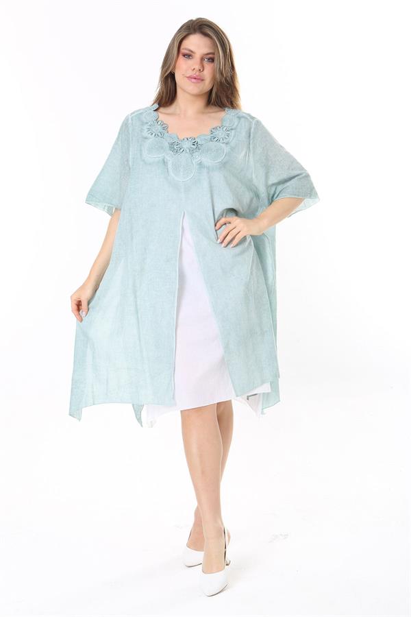 Kadın Büyük Beden Yeşil Yaka Dantelli İki Parça Elbise 65N37784