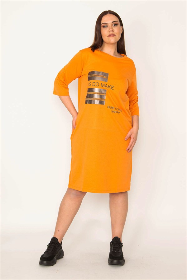 KADIN ORANJ TAŞ VE LAK DETAYLI ELBİSE