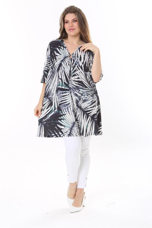 Kadın Büyük Beden Renkli Göğsü Toka Büzgülü V Yakalı Kısa Kollu Tunik 65N37796
