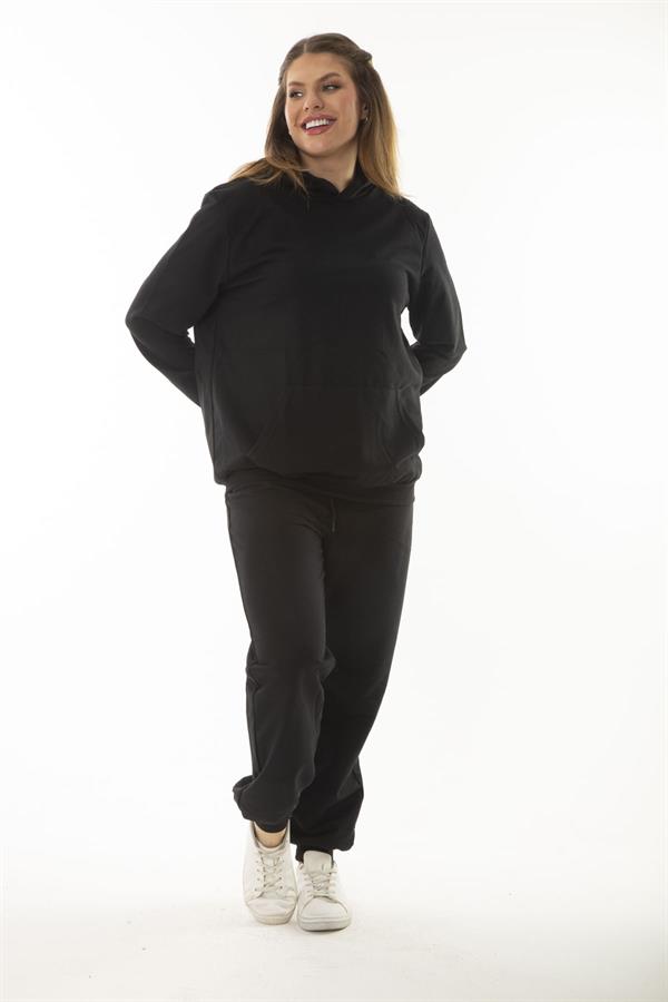 Kadın Büyük Beden Siyah Kanguru Cep Ve Kapşonlu Sweatshirt Pantolon İliki Takım 65N37053