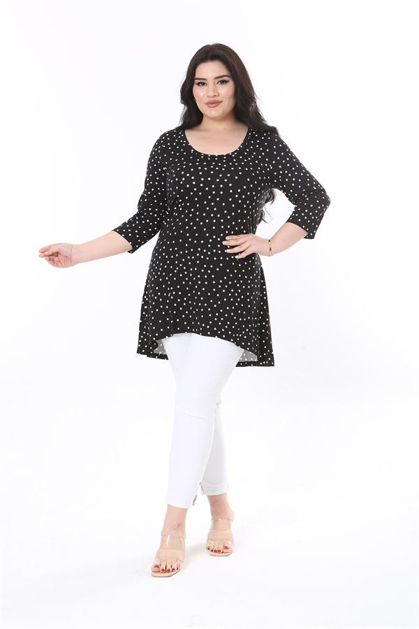 Kadın Büyük Beden Siyah Puan Desenli Kapri Kollu Bluz 65N38010