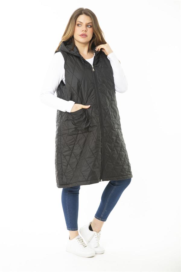 Kadın Büyük Beden Haki Ön Dermuarlı Kapşonlu Kapitone Astarlı Uzun Mont 65N37107