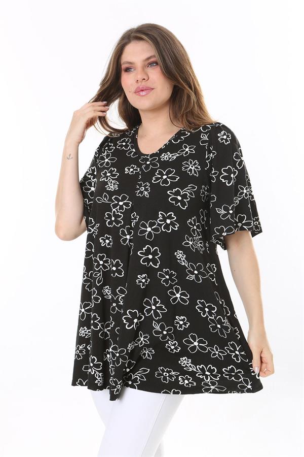 Kadın Büyük Beden Siyah Önü A Pileli V Yakalı Tunik 65N37793