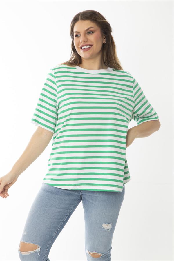 Kadın Büyük Beden Yeşil Bisiklet Yakalı Çizgili Bluz 65N37022