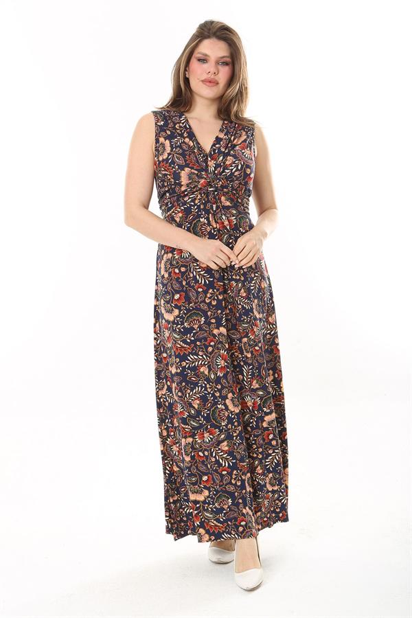 Kadın Büyük Beden Renkli Göğüs Büzgü Detaylı V Yaka Kuşaklı Elbise 65N37905