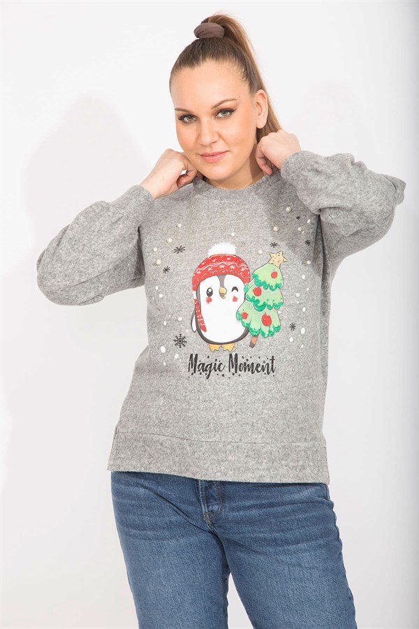 Kadın Gri İnci Ve Baskı Detaylı Yumoş Kumaş Bluz 65N35497