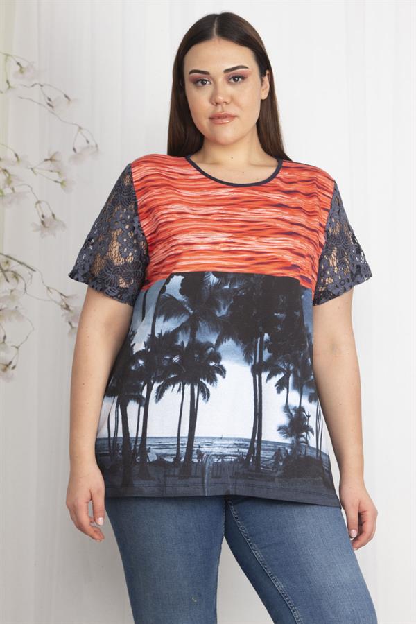 Kadın Lacivert Kolları Dantel Detaylı Desenli Bluz 65N22466