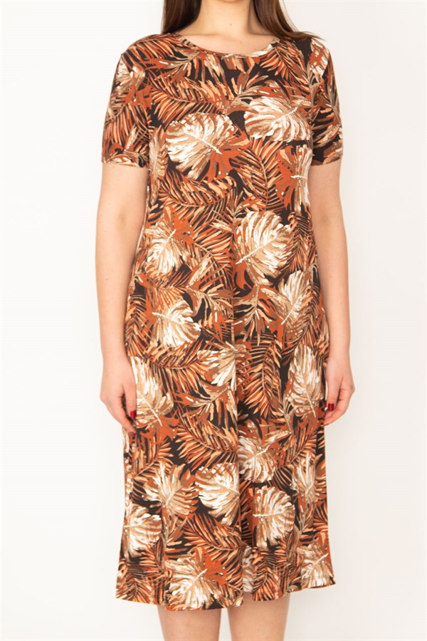 KADIN RENKLİ ÇİÇEK DESENLİ KISA KOL VİSKON ELBİSE