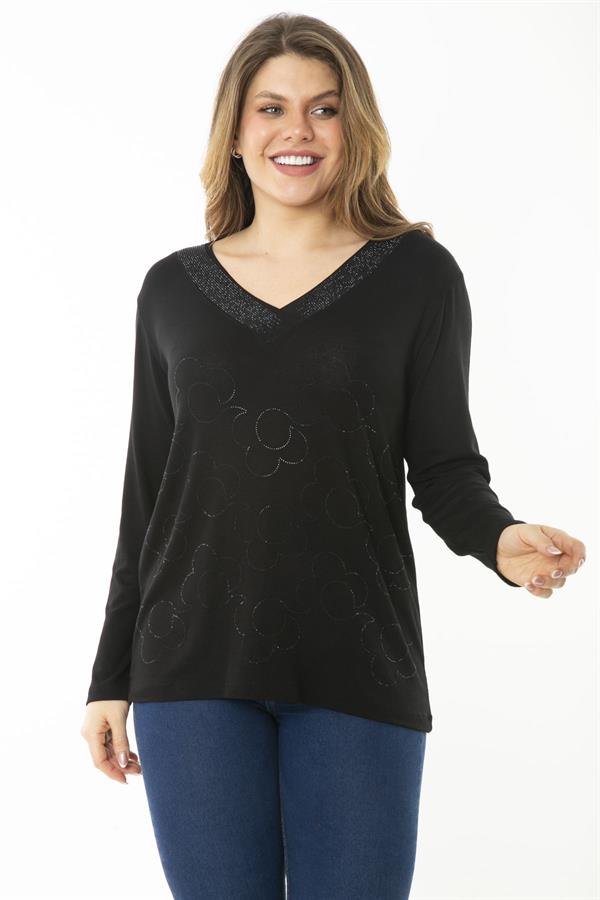 Kadın Büyük Beden Saks V Yakalı Taş Detaylı Uzun Kollu Bluz 65N37153