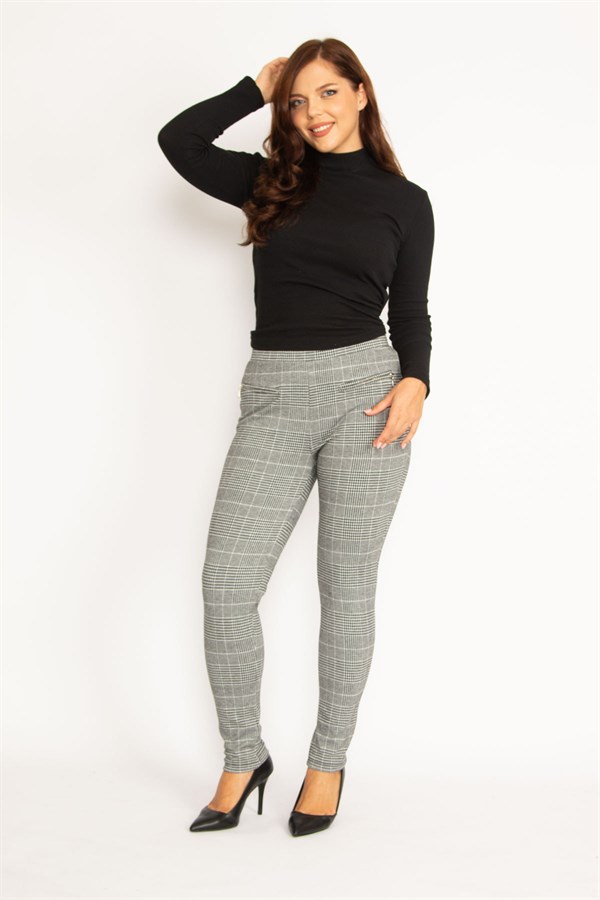 Leggings femme gris à carreaux et poches zippées décoratives 26A34810