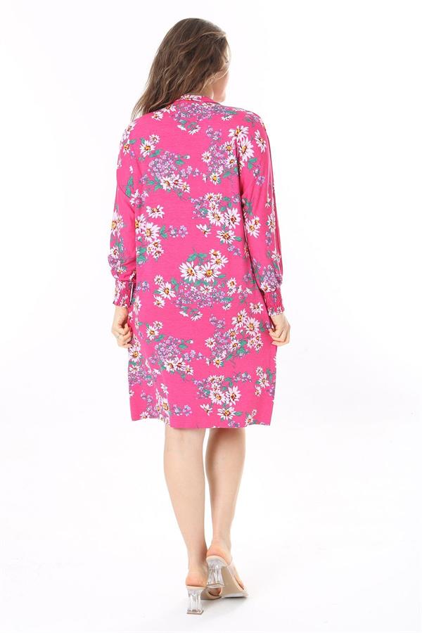 Kadın Büyük Beden Renkli Düğmeli Gömlek Yakalı Kol Ağzı Lastikli Elbise 65N37967